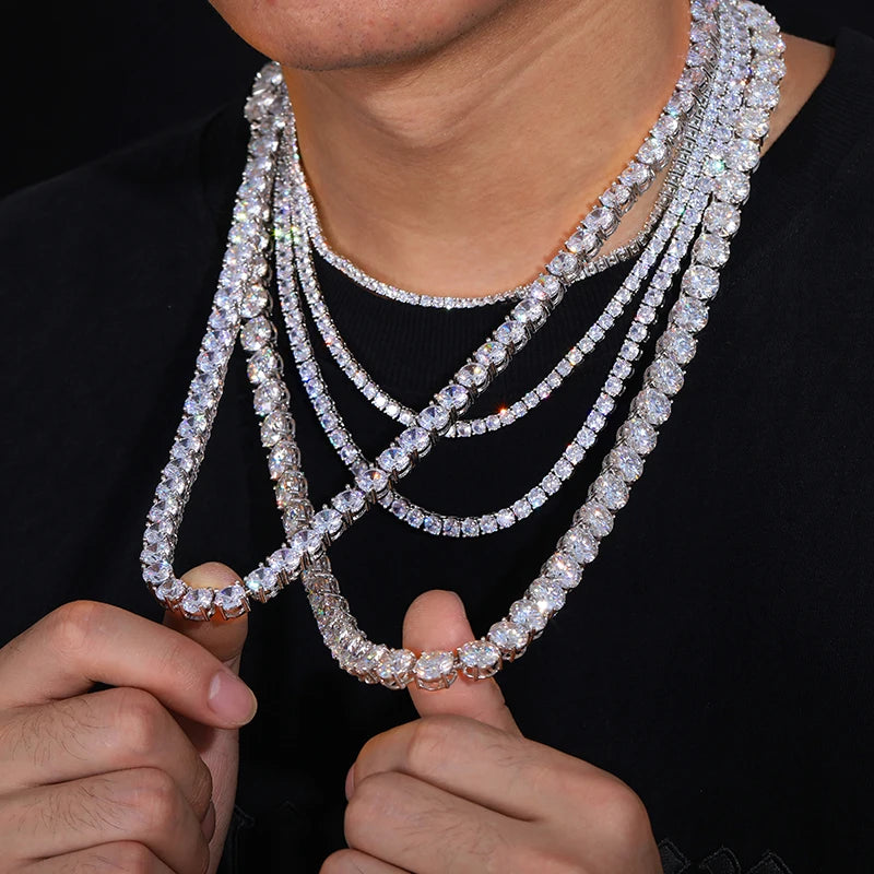 Fine Jewelry White Gold Plated 925 Sterling Silver VVS Moissanite Diamond Cluster Iced Out Tennis Chain Necklace for Men Women