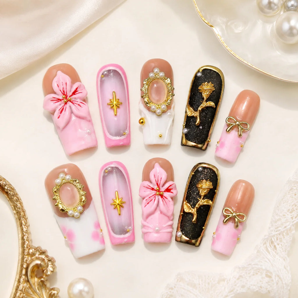 Romantic 3D Floral Artificial Nail Set Pink Bow Mirror Pearl Gold Press on Nails for Nail Salon Supply and Boutique Retail