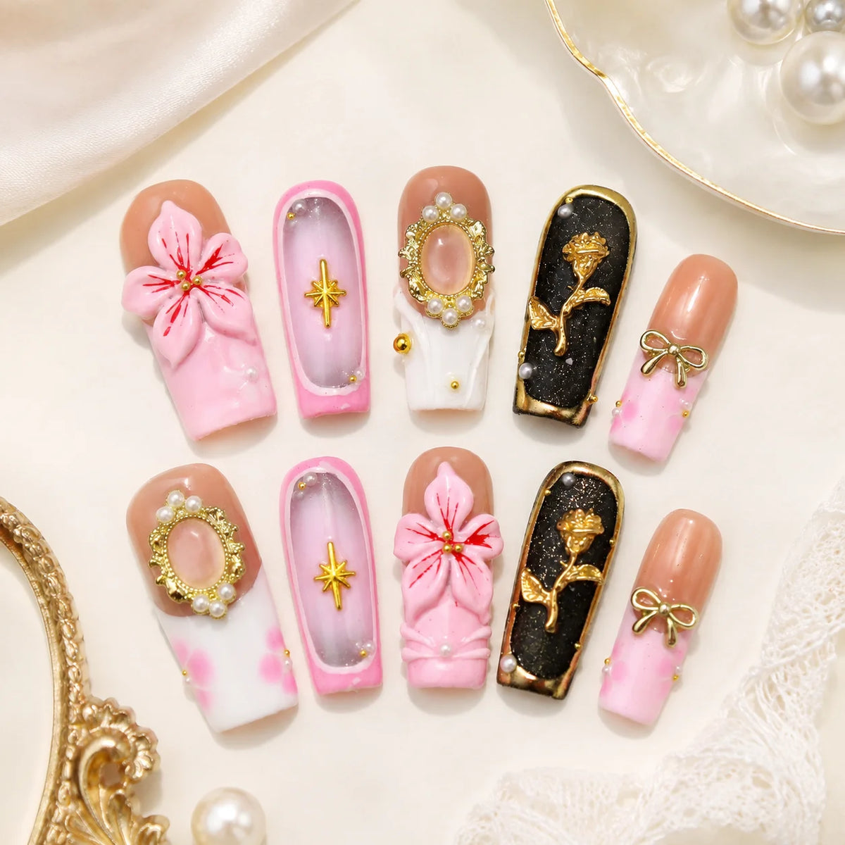 Romantic 3D Floral Artificial Nail Set Pink Bow Mirror Pearl Gold Press on Nails for Nail Salon Supply and Boutique Retail