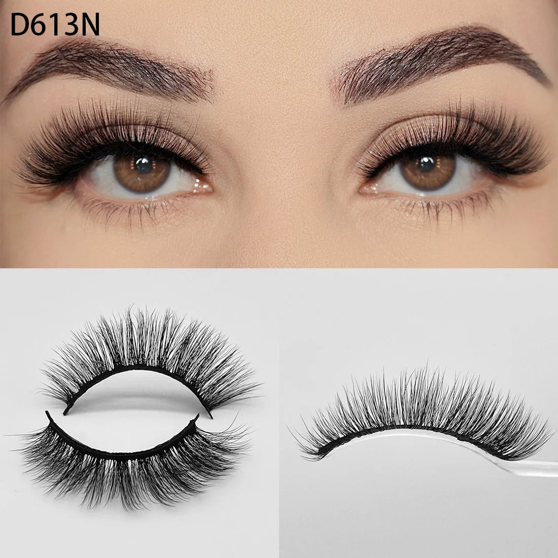 8D Wispy Cat Eye Fox Faux Mink Lashes 5 Pairs Full Strip Winged Eyelashes Pack - Natural Long / plastic lashes tray / D613N