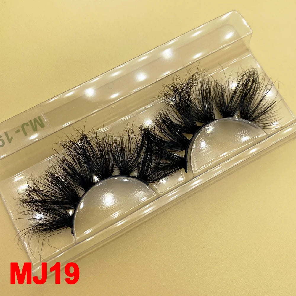 100% Cruelty Free 25mm Super Curl Dense Mink Lashes 3D Wispy Thick Fluffy Russian Strip Eyelashes Custom Logo Private Label - MJ-19 / Long/Fluffy/Thick/Cross