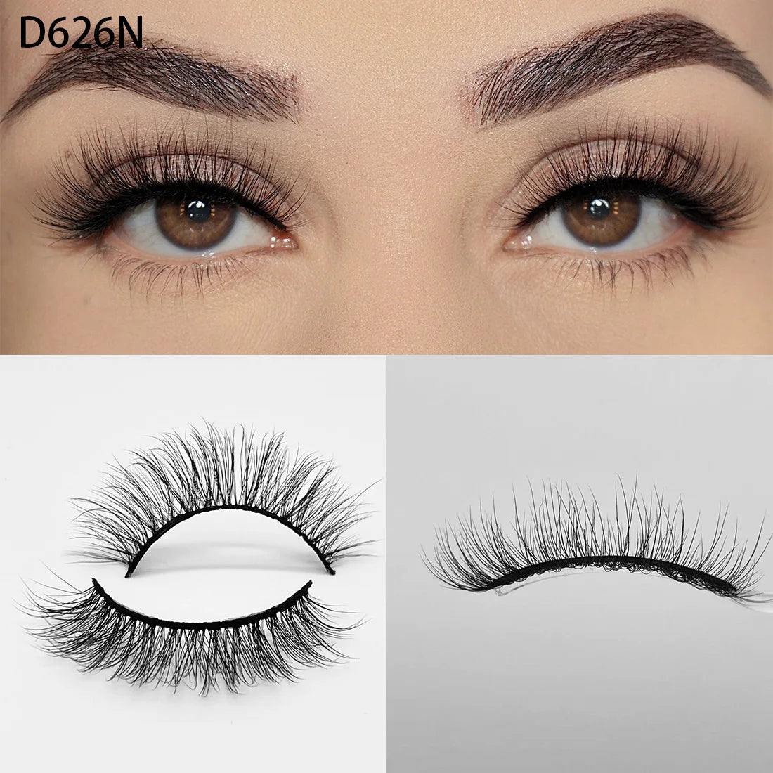 8D Wispy Cat Eye Fox Faux Mink Lashes 5 Pairs Full Strip Winged Eyelashes Pack - Natural Long / plastic lashes tray / D626N