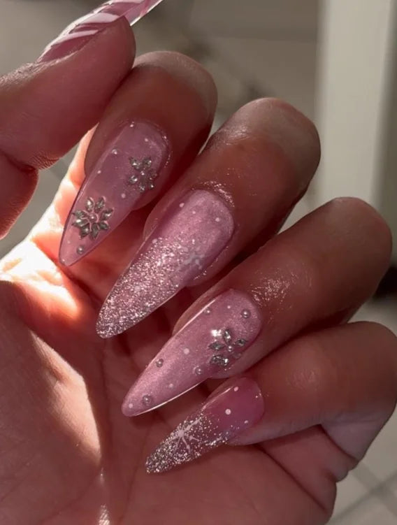 Pink Ombre Press on Nails Medium Stiletto Handmade Acrylic Nails with Glitter Square Butterfly Design Nail Art Salon