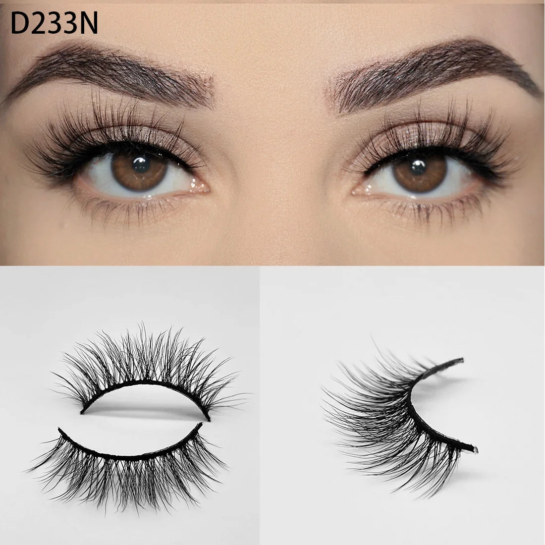 8D Wispy Cat Eye Fox Faux Mink Lashes 5 Pairs Full Strip Winged Eyelashes Pack - Natural Long / plastic lashes tray / D233N