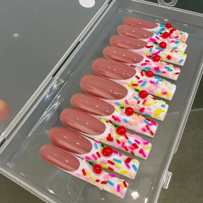Factory Wholesale 10pcs French Manicure Fashion Acrylic Press-on Nails Handmade Luxury Shiny Finger Design 3D Nail Art with Glue - JY-521 / 0.05KG / S1