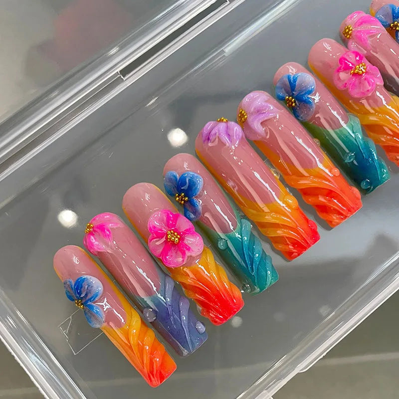 Hot Selling Rectangular Head French Gold Line 3D Floral Design Reusable Full Cover Nail Tips Handmade Press-on Nails Finger Glue