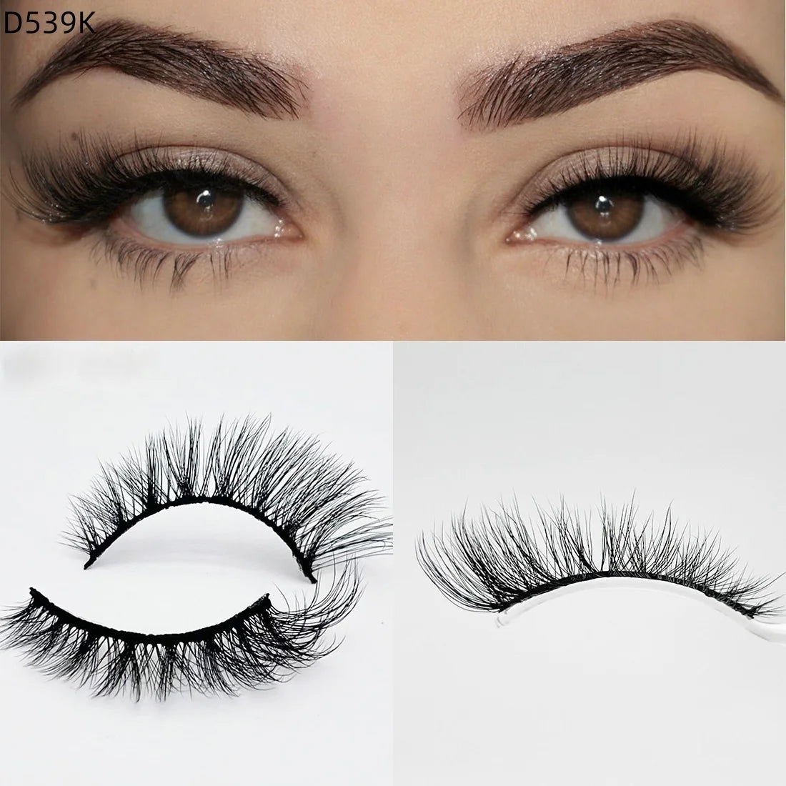 8D Wispy Cat Eye Fox Faux Mink Lashes 5 Pairs Full Strip Winged Eyelashes Pack - Natural Long / plastic lashes tray / D539K