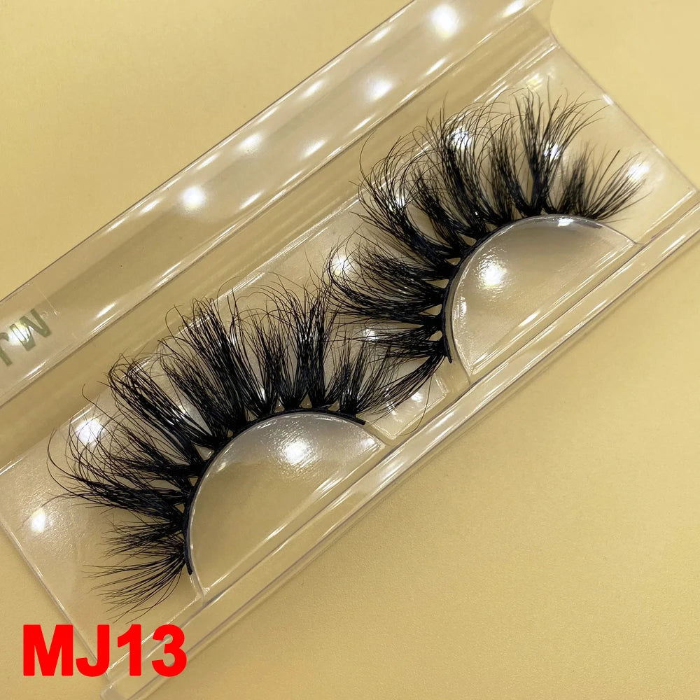 100% Cruelty Free 25mm Super Curl Dense Mink Lashes 3D Wispy Thick Fluffy Russian Strip Eyelashes Custom Logo Private Label - MJ-13 / Long/Fluffy/Thick/Cross