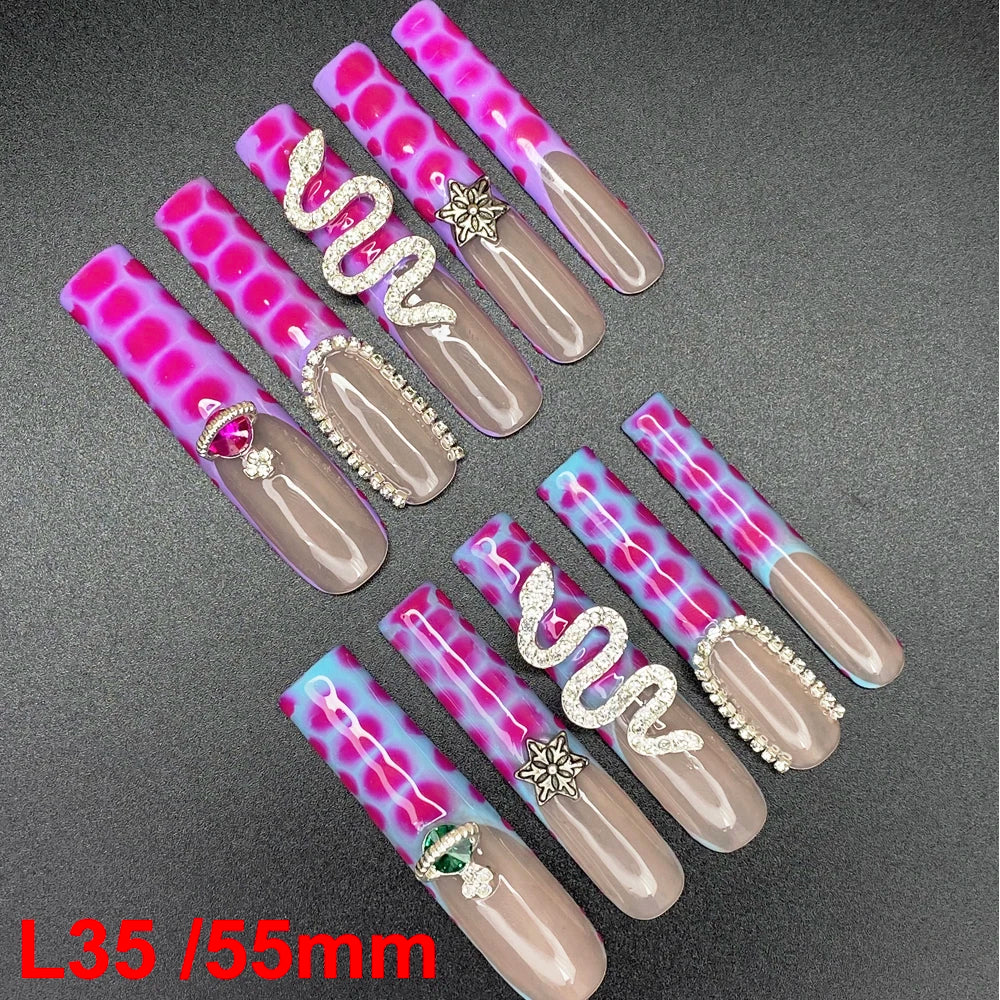 10PCS Full Decorated Soft Gel Thick Acrylic Handmade Nails Press on 55mm Extra Long Salon Design Artificial Fingernail Wholesale - L35 / 50g