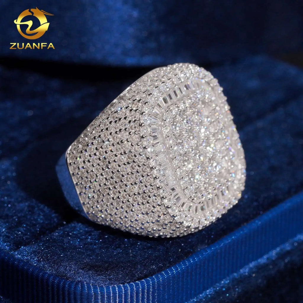 2026 New Arrivals Fashion Jewelry Square Shape Iced Out Hip Hop Moissanite 925 Sterling Silver Claw Setting Pinky Finger Ring