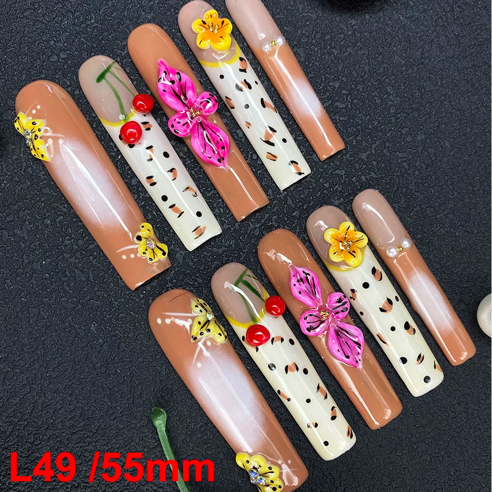 10PCS Full Decorated Soft Gel Thick Acrylic Handmade Nails Press on 55mm Extra Long Salon Design Artificial Fingernail Wholesale - L49 / 50g