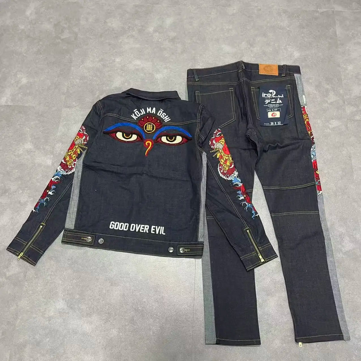 Streetwear Denim Jacket and Jeans Set Men Embroidery Dragon Patch Zip Detail Black Casual Outfit Stock