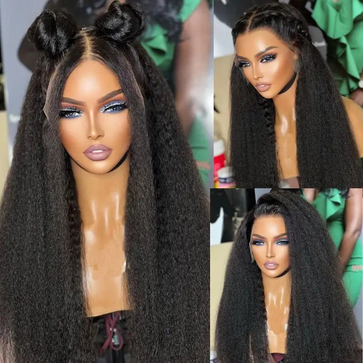 13x6 Kinky Straight Lace Front Human Hair Wig With Kinky Edges Baby Hair Bleached Yaki Straight HD Lace Frontal Wigs for Women
