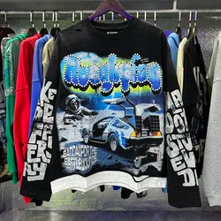High Quality Heavyweight 100% Cotton New Brand Rough Play Long Sleeved High Street Retro Acid Washed Print Eco-Friendly Hoodies - Black8