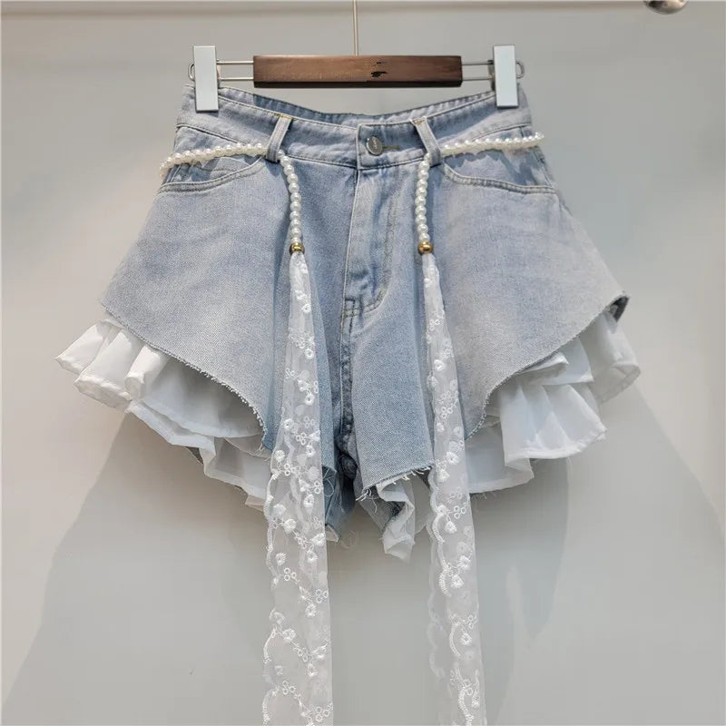 Z6700-2026 New Summer High-Waisted Slimming A-Line Spliced Denim Shorts Wide-Leg Hot Pants Women Jeans