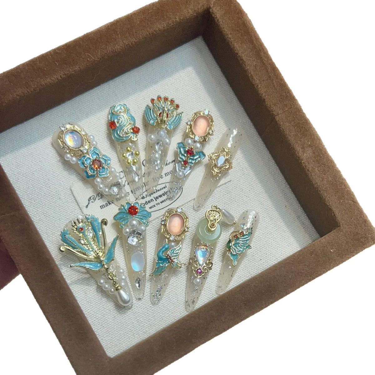 High End Handmade New Chinese Style Press on Nails Luxury Custom Jade Ring Bridal Nail Decorations - t4.0