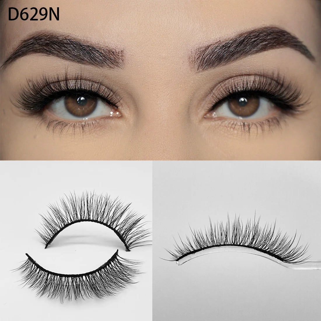 8D Wispy Cat Eye Fox Faux Mink Lashes 5 Pairs Full Strip Winged Eyelashes Pack - Natural Long / plastic lashes tray / D629N