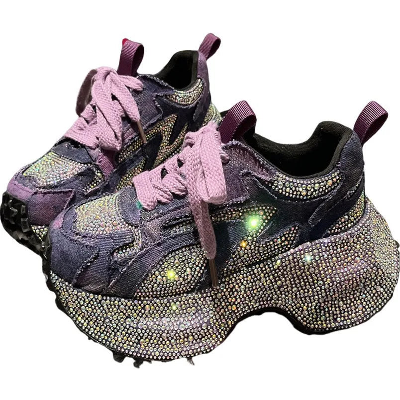 2026 Fall New Luxury Beautiful Bling Bling Rhinestones Beaded Lace Up Platform Sneakers for Women Old Dad Shoes Sports Shoes