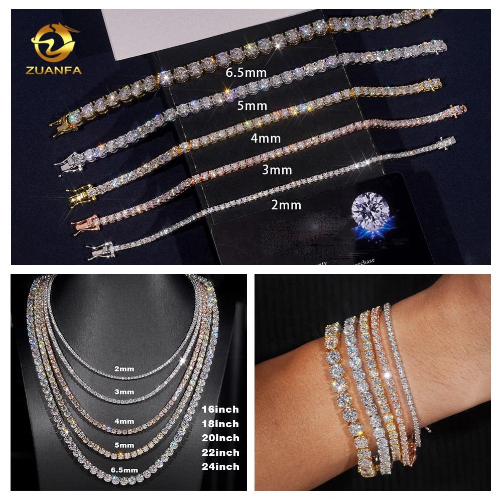 Luxury Men Women Hip Hop Iced Out Fine Jewelry 2MM 3MM 4MM 5MM Lab Diamond S925 Silver Vvs Moissanite Tennis Chain Necklace