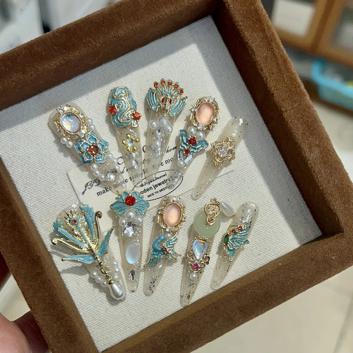 High End Handmade New Chinese Style Press on Nails Luxury Custom Jade Ring Bridal Nail Decorations
