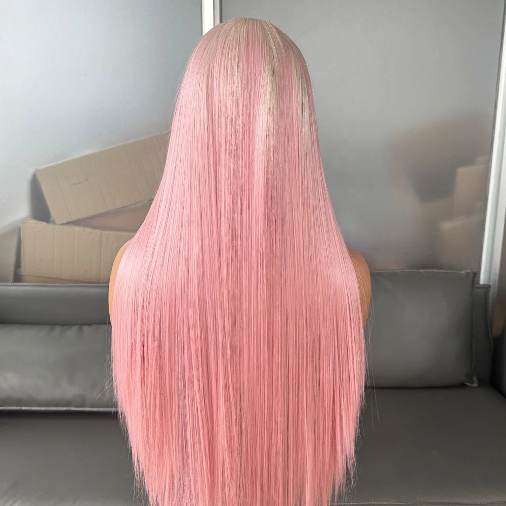 Long Silky Straight Ombre Pink Color Wigs Futura Fiber Hair 13x4 Synthetic Lace Front Wigs for Black Women