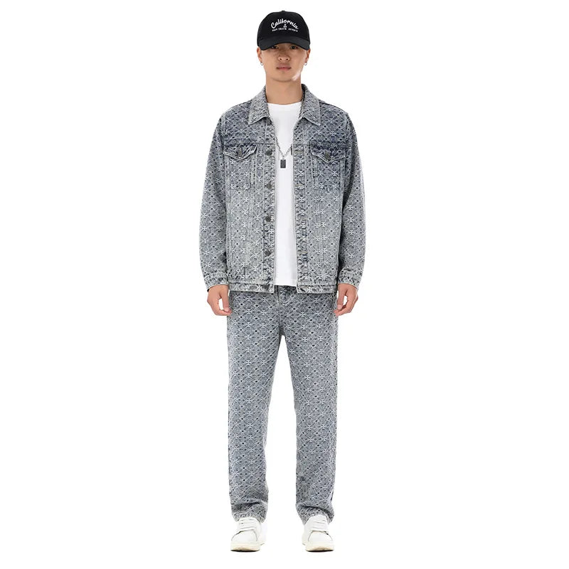 2026 New Design Men's Women's Winter Jacket Spring Autumn High Street Simple High-end Feeling Floral Button 2 Piece Denim Set
