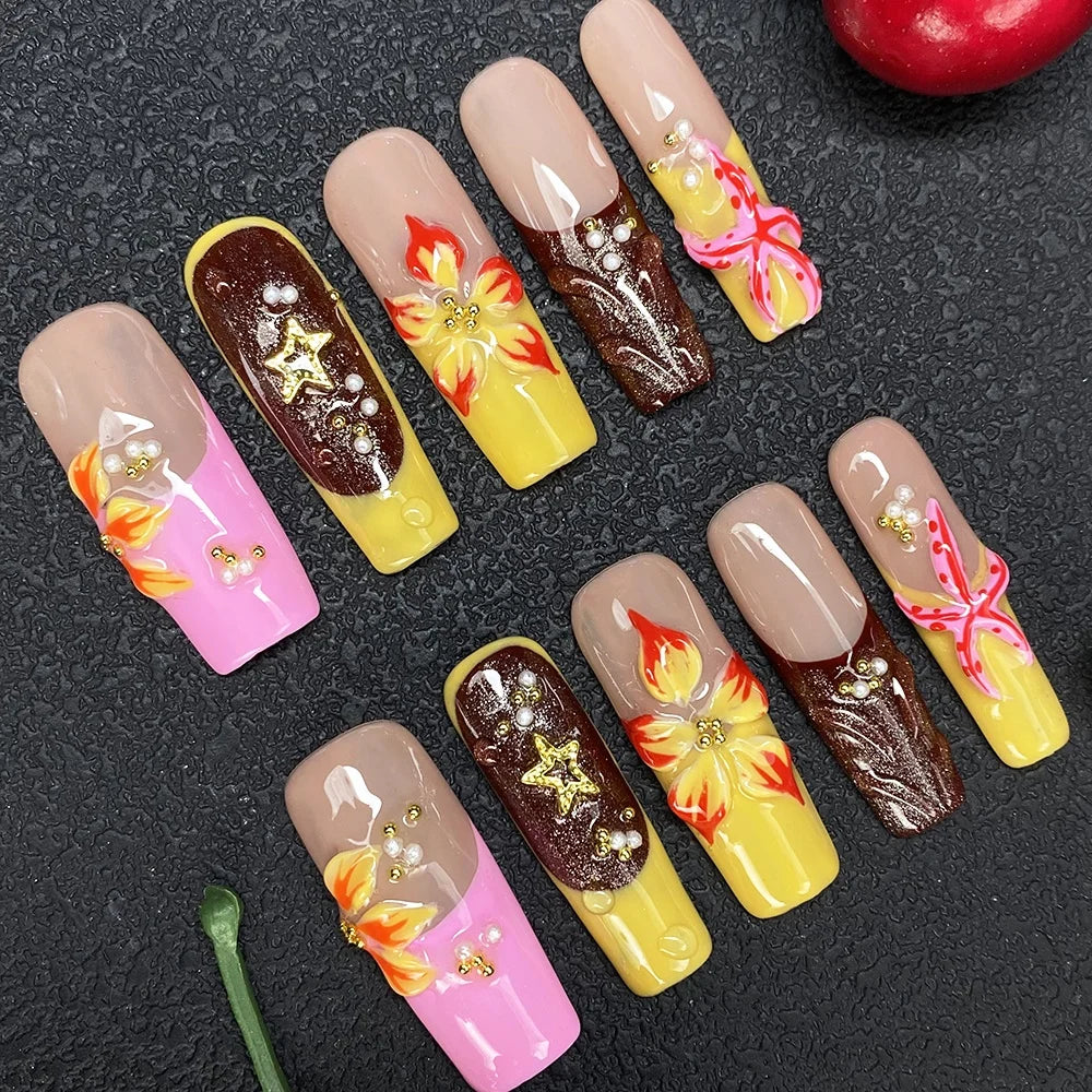 Gorgeous Salon Design Glossy Gel Carved False Nails Art Wholesale 10PCS Covered Decoration UV Gel Private Label Handmade Nails