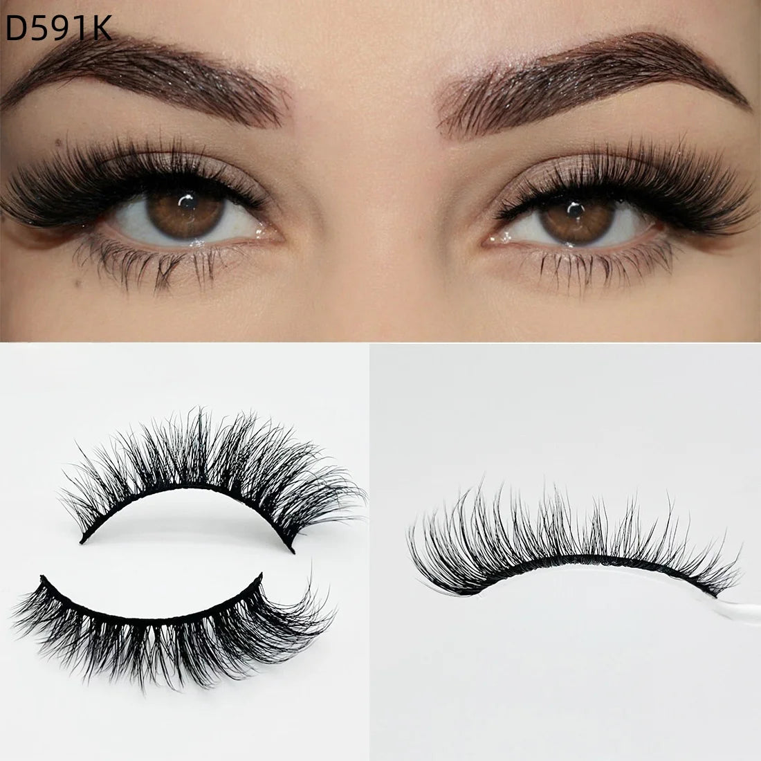 8D Wispy Cat Eye Fox Faux Mink Lashes 5 Pairs Full Strip Winged Eyelashes Pack - Natural Long / plastic lashes tray / D591K