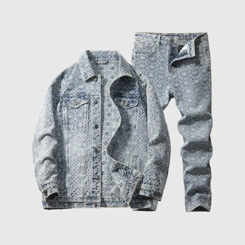 2026 New Design Men's Women's Winter Jacket Spring Autumn High Street Simple High-end Feeling Floral Button 2 Piece Denim Set