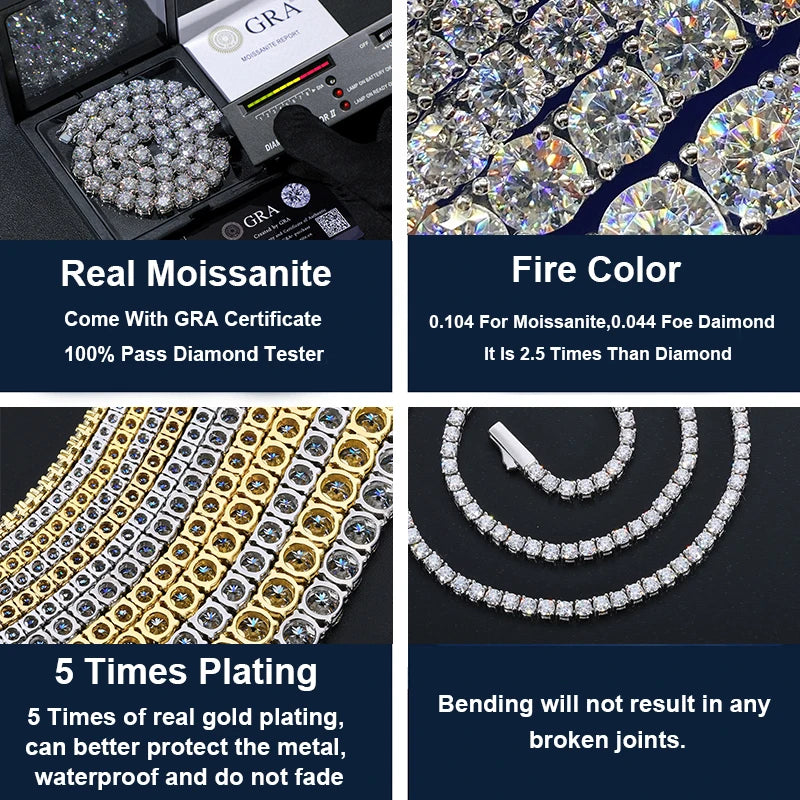 Fine Jewelry White Gold Plated 925 Sterling Silver VVS Moissanite Diamond Cluster Iced Out Tennis Chain Necklace for Men Women