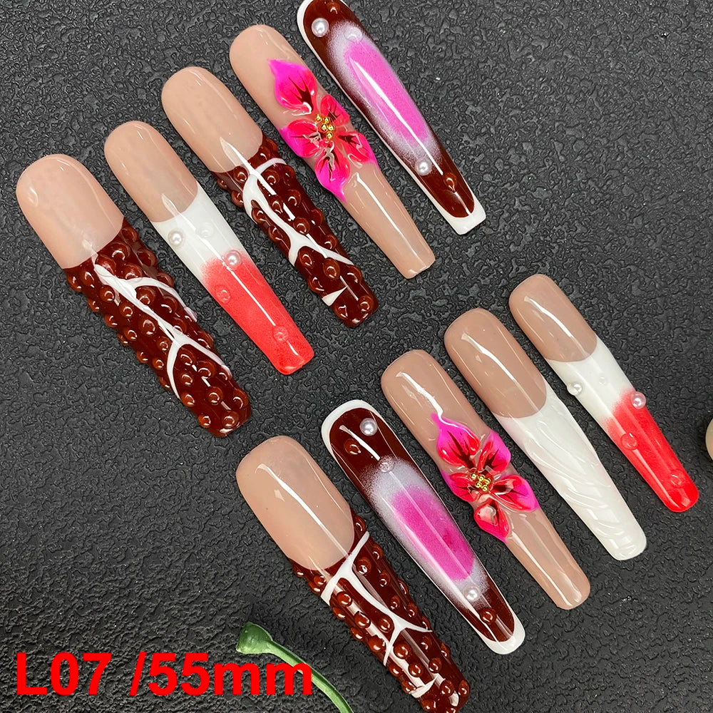 10PCS Full Decorated Soft Gel Thick Acrylic Handmade Nails Press on 55mm Extra Long Salon Design Artificial Fingernail Wholesale - L07 / 50g