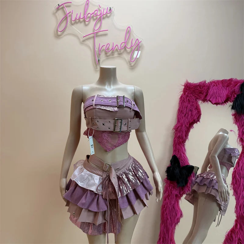 2000s Aesthetic Punk Style Women New 2 Piece Set Sexy Strapless Tops and High Waist Skirt