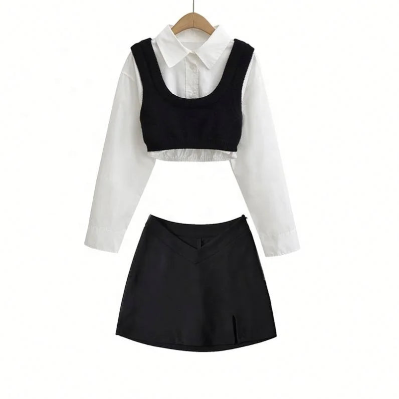2026 Fall Winter New Arrivals Fashion Boutique Knitted 3 Piece Vest+shirts+skirt Set