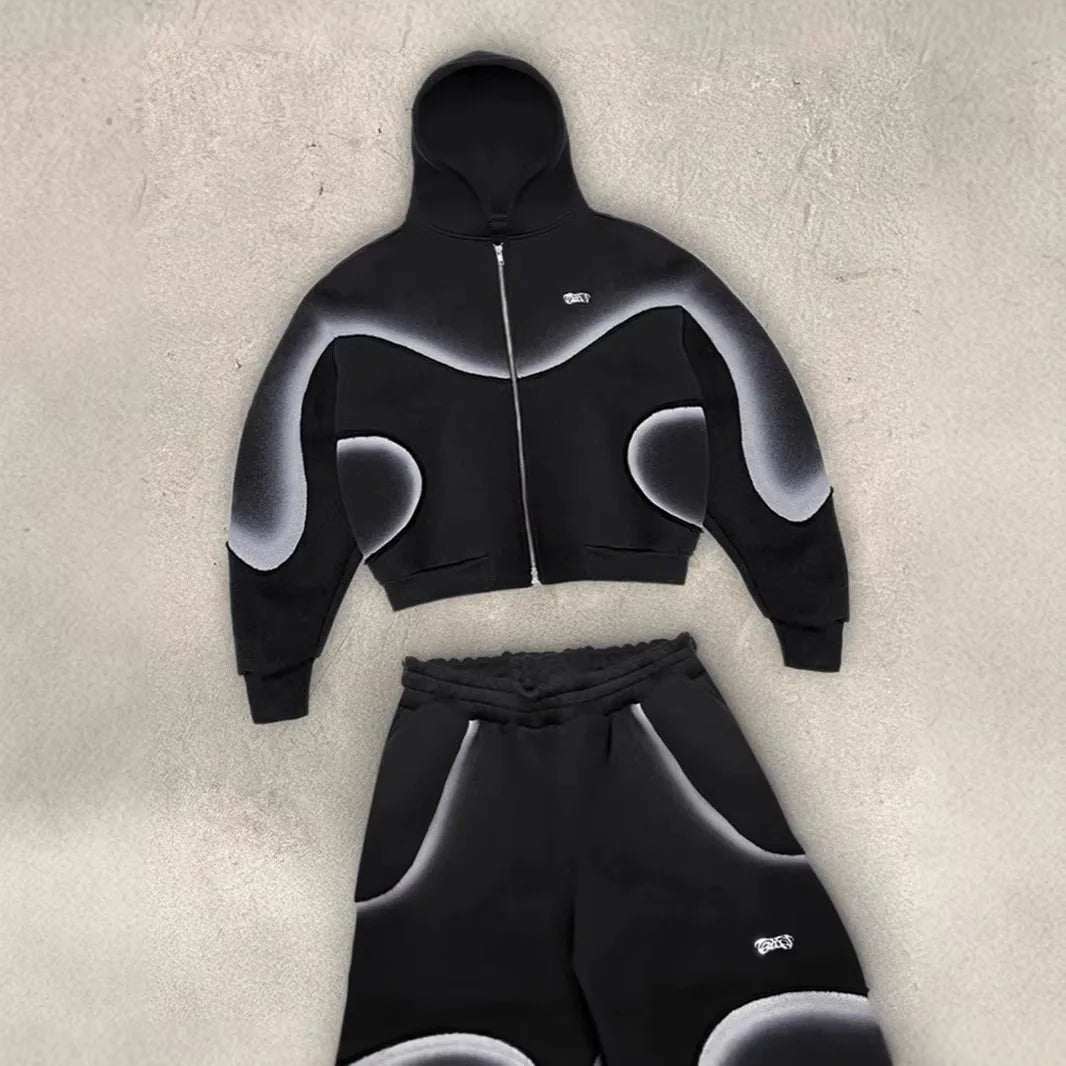 Y2K Deconstructed Gradient Print 2 Pieces Tracksuit Unisex Zip up Cropped Hoodie + Shorts Futuristic Streetwear Sweat Set