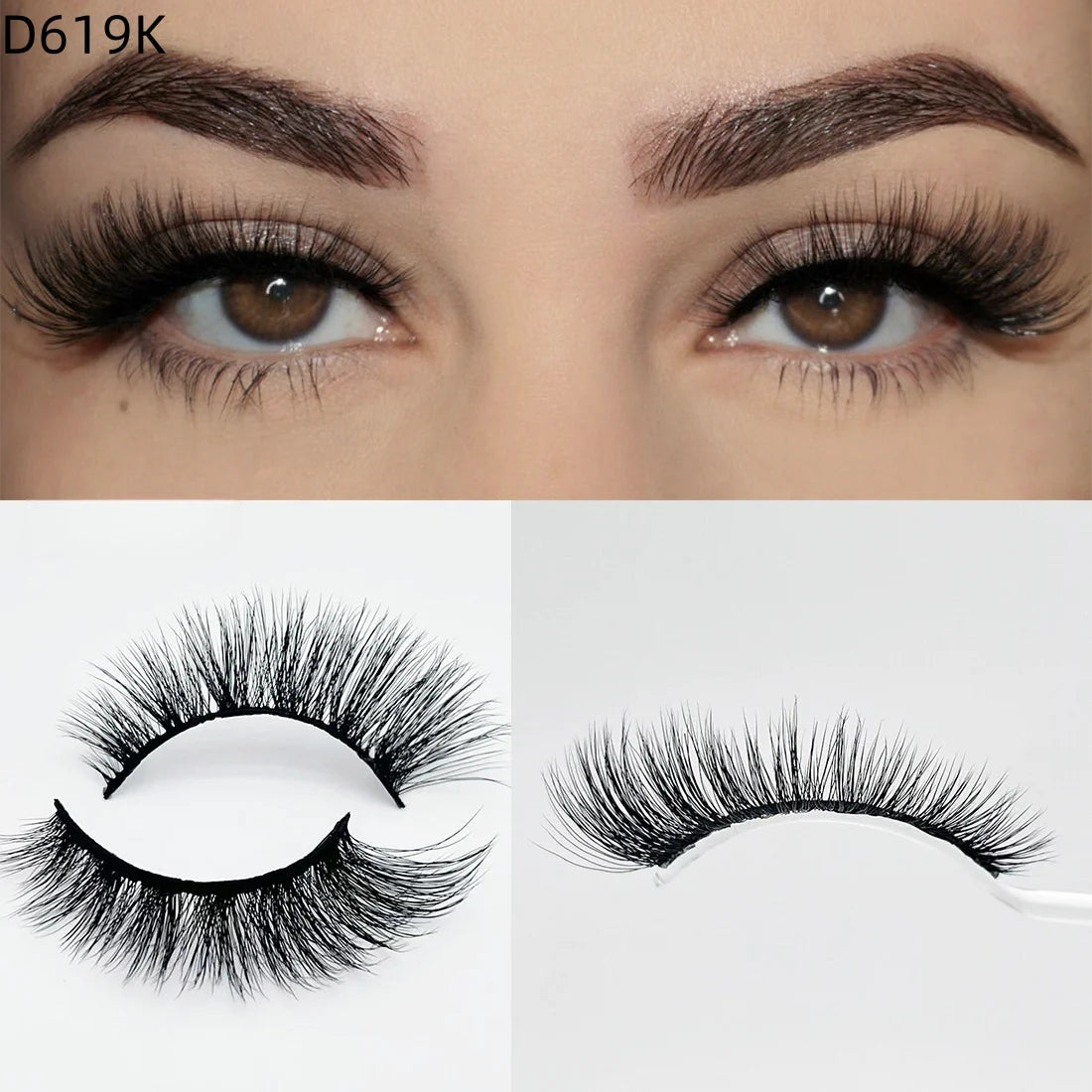 8D Wispy Cat Eye Fox Faux Mink Lashes 5 Pairs Full Strip Winged Eyelashes Pack - Natural Long / plastic lashes tray / D619K