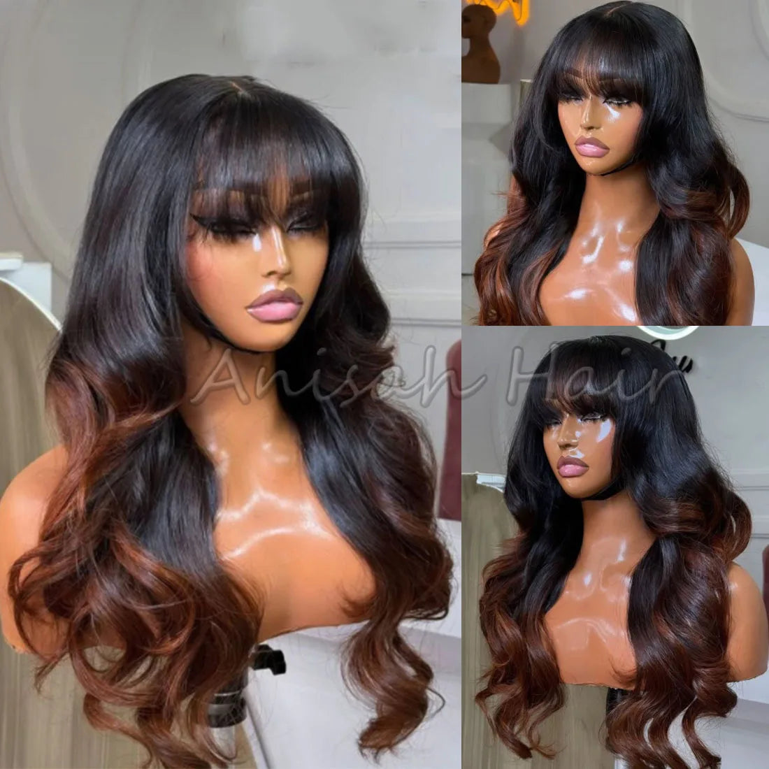 Ombre Brown Human Hair Wigs with Bangs Glueless Body Wave Cuticle Aligned Virgin HD Transparent Lace Front Wig for Women