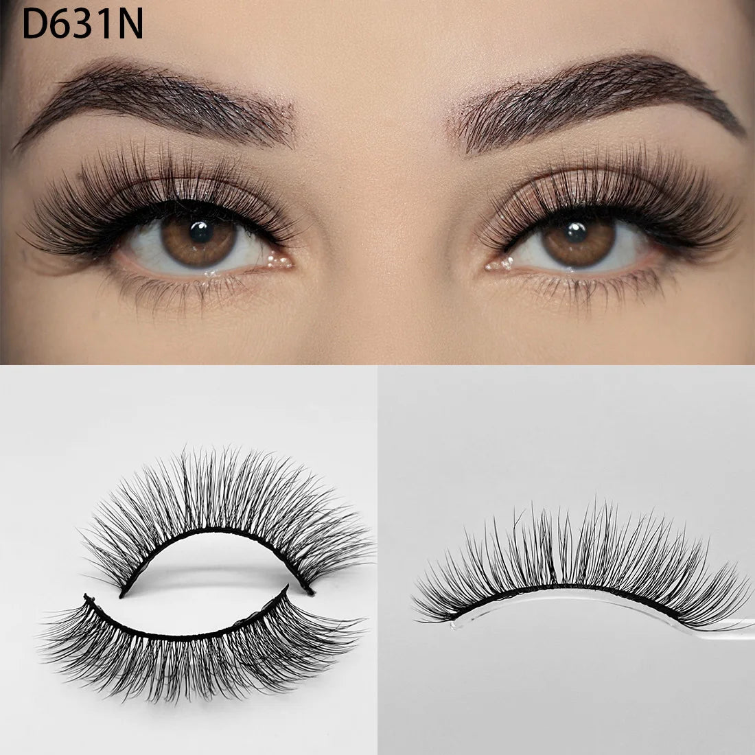 8D Wispy Cat Eye Fox Faux Mink Lashes 5 Pairs Full Strip Winged Eyelashes Pack - Natural Long / plastic lashes tray / D631N