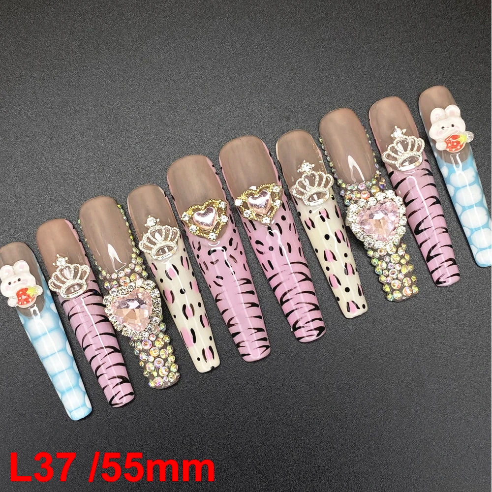 10PCS Full Decorated Soft Gel Thick Acrylic Handmade Nails Press on 55mm Extra Long Salon Design Artificial Fingernail Wholesale - L37 / 50g