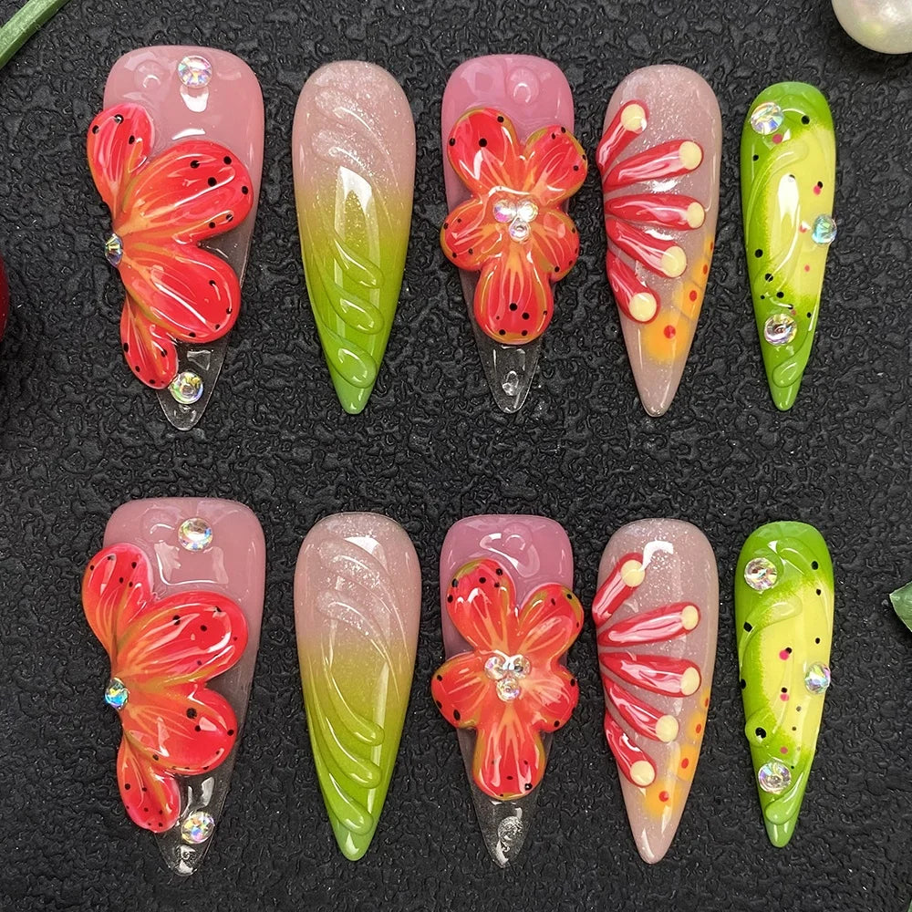 Gorgeous Salon Design Glossy Gel Carved False Nails Art Wholesale 10PCS Covered Decoration UV Gel Private Label Handmade Nails