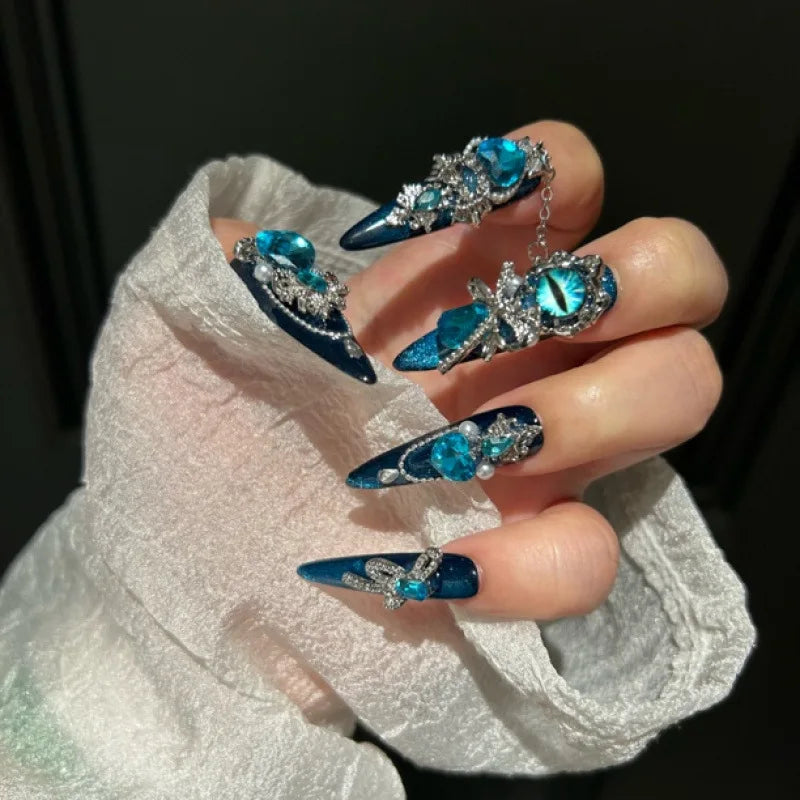 Pure Handmade Plastic Blue Light Luxury Heavy-Duty Ins Style Cat Eye Press-On Nails Finger Application New Arrival Nail Tips