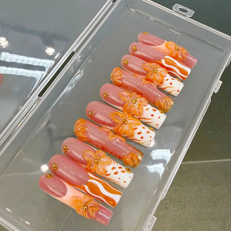 Wholesale Handmade Full Cover Press-on Nails for Finger; High Quality 3D Nail Art Coffin Square Design with Glue; CE Certified