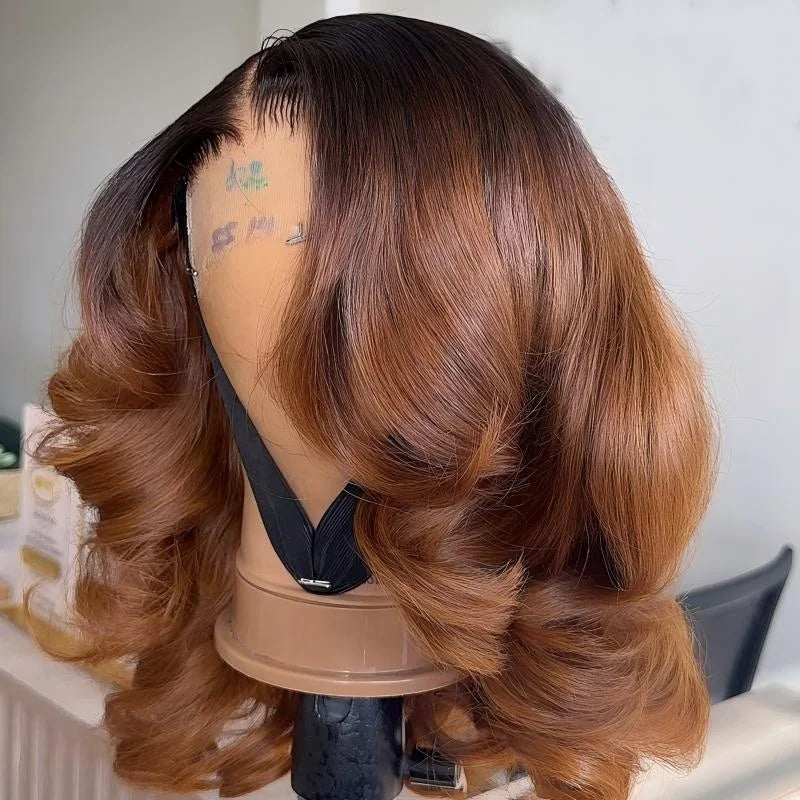 Ombre Brown Color 13X4 Lace Frontal Human Hair Wig Glueless Body Wave Short Bob Lace Front Wig for Woman