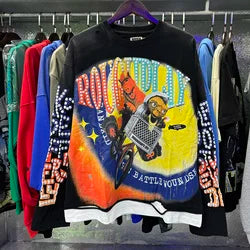 High Quality Heavyweight 100% Cotton New Brand Rough Play Long Sleeved High Street Retro Acid Washed Print Eco-Friendly Hoodies - Black4