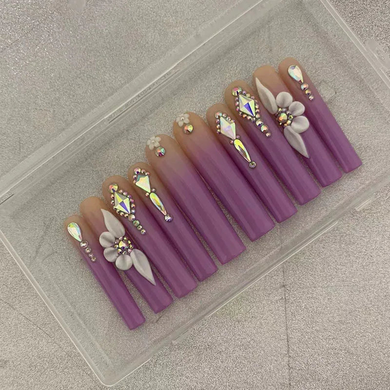 Custom Luxury Bling Stones Press Nails Medium Coffin Heart Pearl French Tip 3D Nail Art Pre-designed Full Cover Water Decals - JY-51 / 0.1kg