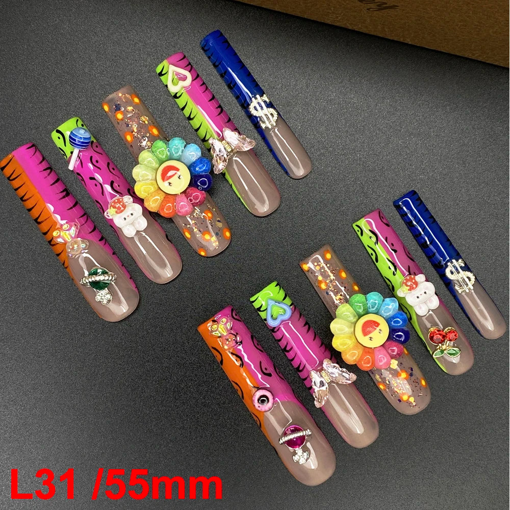 10PCS Full Decorated Soft Gel Thick Acrylic Handmade Nails Press on 55mm Extra Long Salon Design Artificial Fingernail Wholesale - L31 / 50g