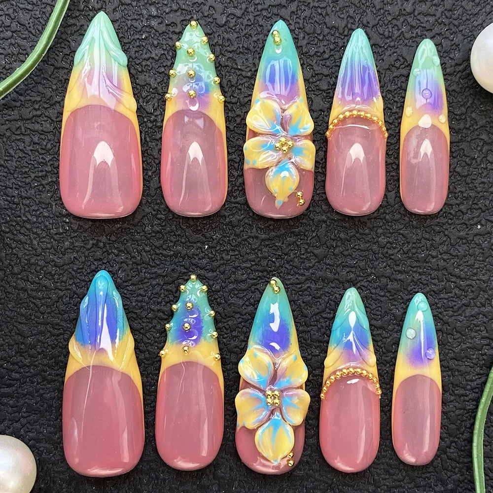 Gorgeous Salon Design Glossy Gel Carved False Nails Art Wholesale 10PCS Covered Decoration UV Gel Private Label Handmade Nails