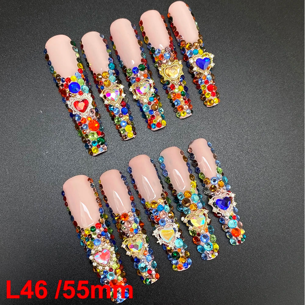 10PCS Full Decorated Soft Gel Thick Acrylic Handmade Nails Press on 55mm Extra Long Salon Design Artificial Fingernail Wholesale - L46 / 50g