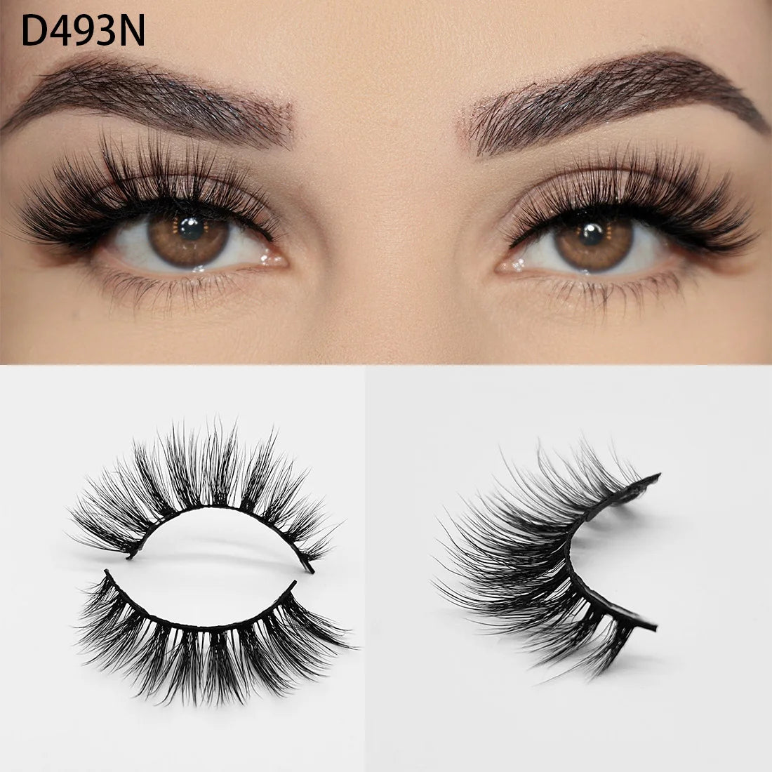 8D Wispy Cat Eye Fox Faux Mink Lashes 5 Pairs Full Strip Winged Eyelashes Pack - Natural Long / plastic lashes tray / D493N