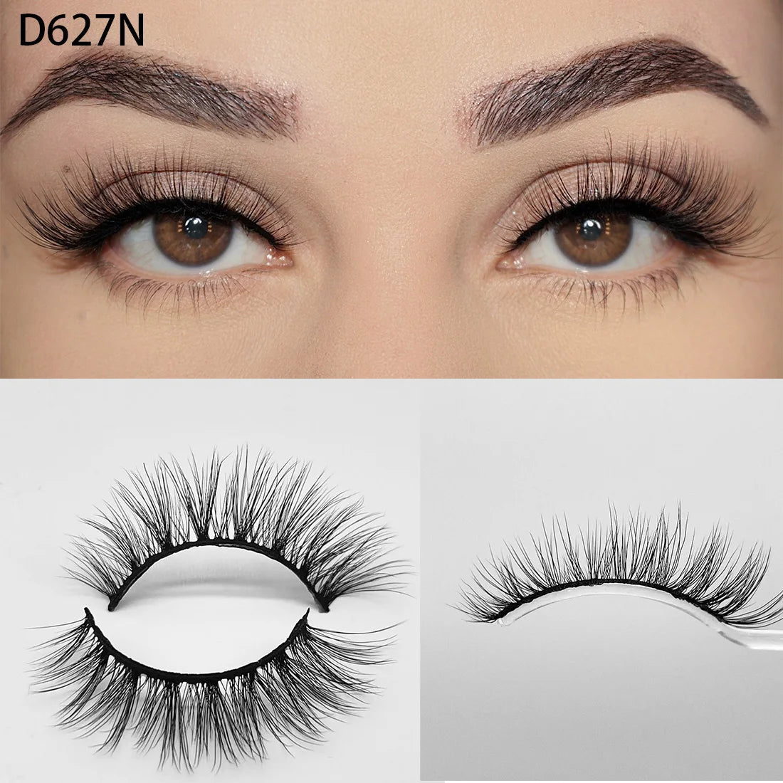 8D Wispy Cat Eye Fox Faux Mink Lashes 5 Pairs Full Strip Winged Eyelashes Pack - Natural Long / plastic lashes tray / D627N