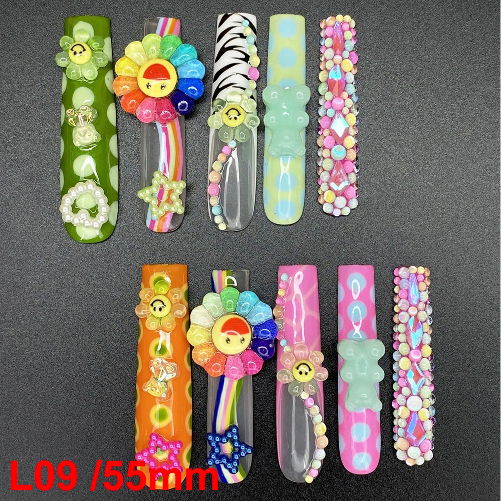 10PCS Full Decorated Soft Gel Thick Acrylic Handmade Nails Press on 55mm Extra Long Salon Design Artificial Fingernail Wholesale - L09 / 50g